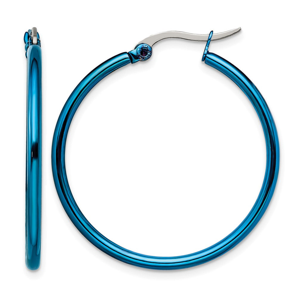 Chisel Stainless Steel Polished Blue IP-plated 32mm Diameter 2mm Hoop Earrings