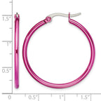 Chisel Stainless Steel Polished Pink IP-plated 32mm Diameter 2mm Hoop Earrings