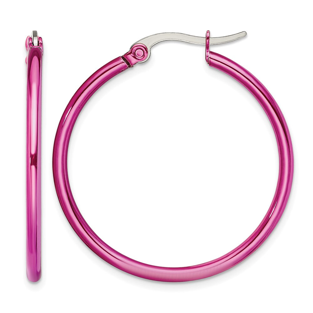Chisel Stainless Steel Polished Pink IP-plated 32mm Diameter 2mm Hoop Earrings