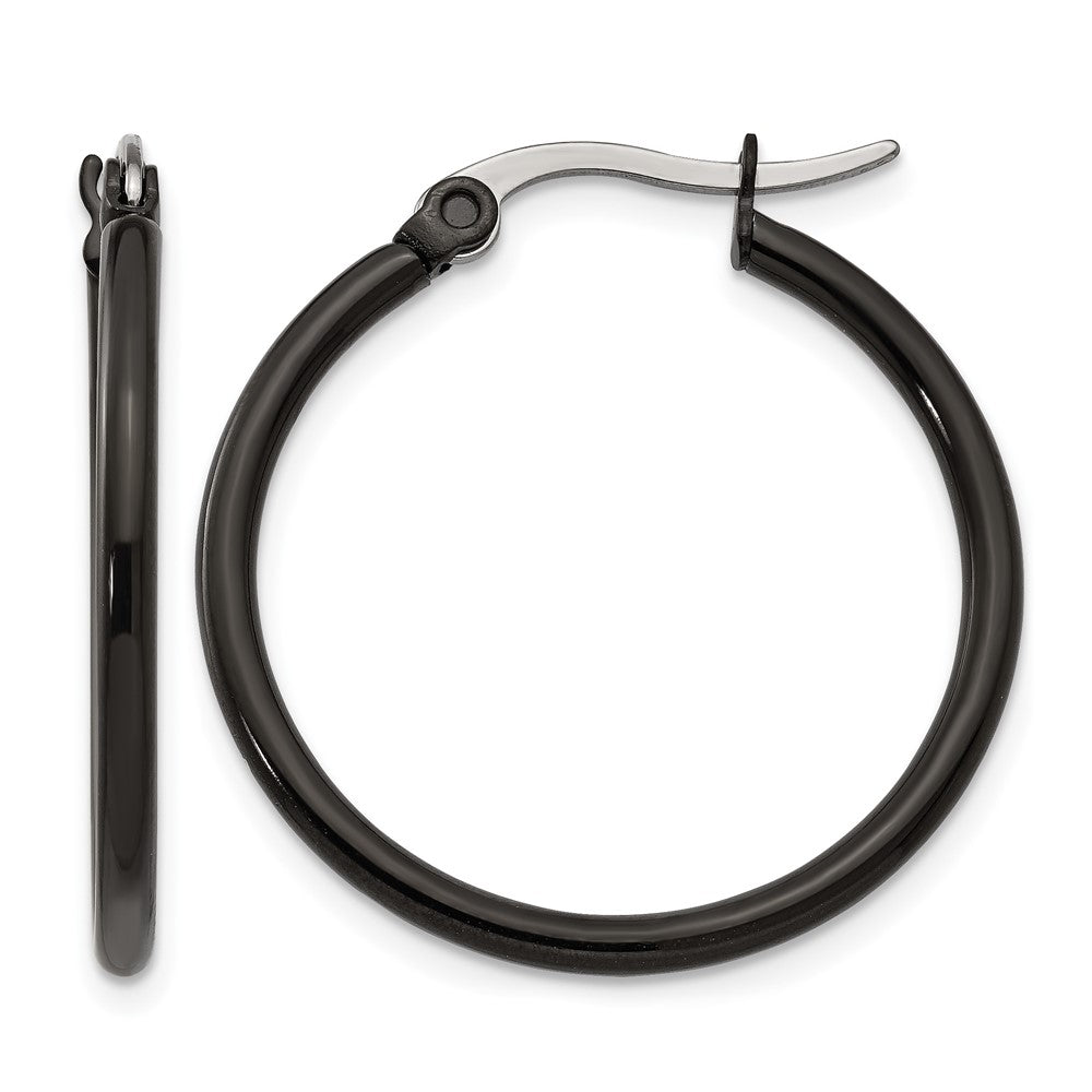 Chisel Stainless Steel Polished Black IP-plated 26mm Diameter 2mm Hoop Earrings