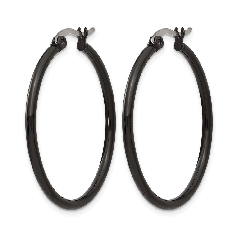 Chisel Stainless Steel Polished Black IP-plated 32mm Diameter 2mm Hoop Earrings