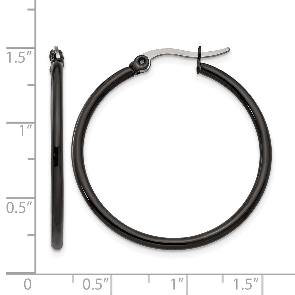 Chisel Stainless Steel Polished Black IP-plated 32mm Diameter 2mm Hoop Earrings