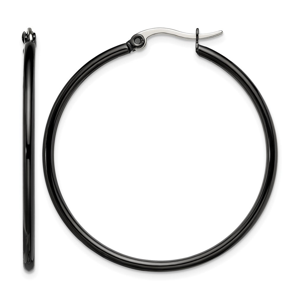 Chisel Stainless Steel Polished Black IP-plated 40mm Diameter 2mm Hoop Earrings
