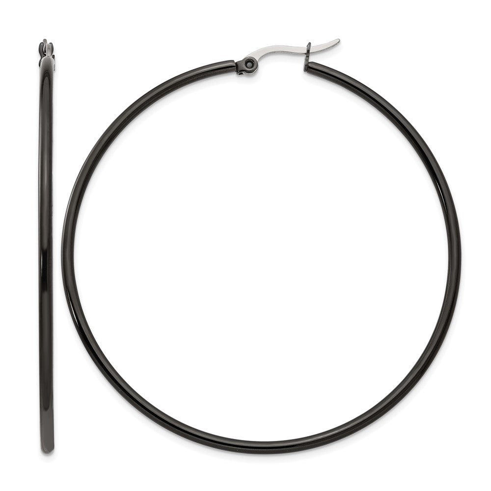 Chisel Stainless Steel Polished Black IP-plated 60mm Diameter 2mm Hoop Earrings