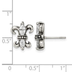 Stainless Steel Antiqued Polished & Textured w/CZ Fleur de lis Post Earring