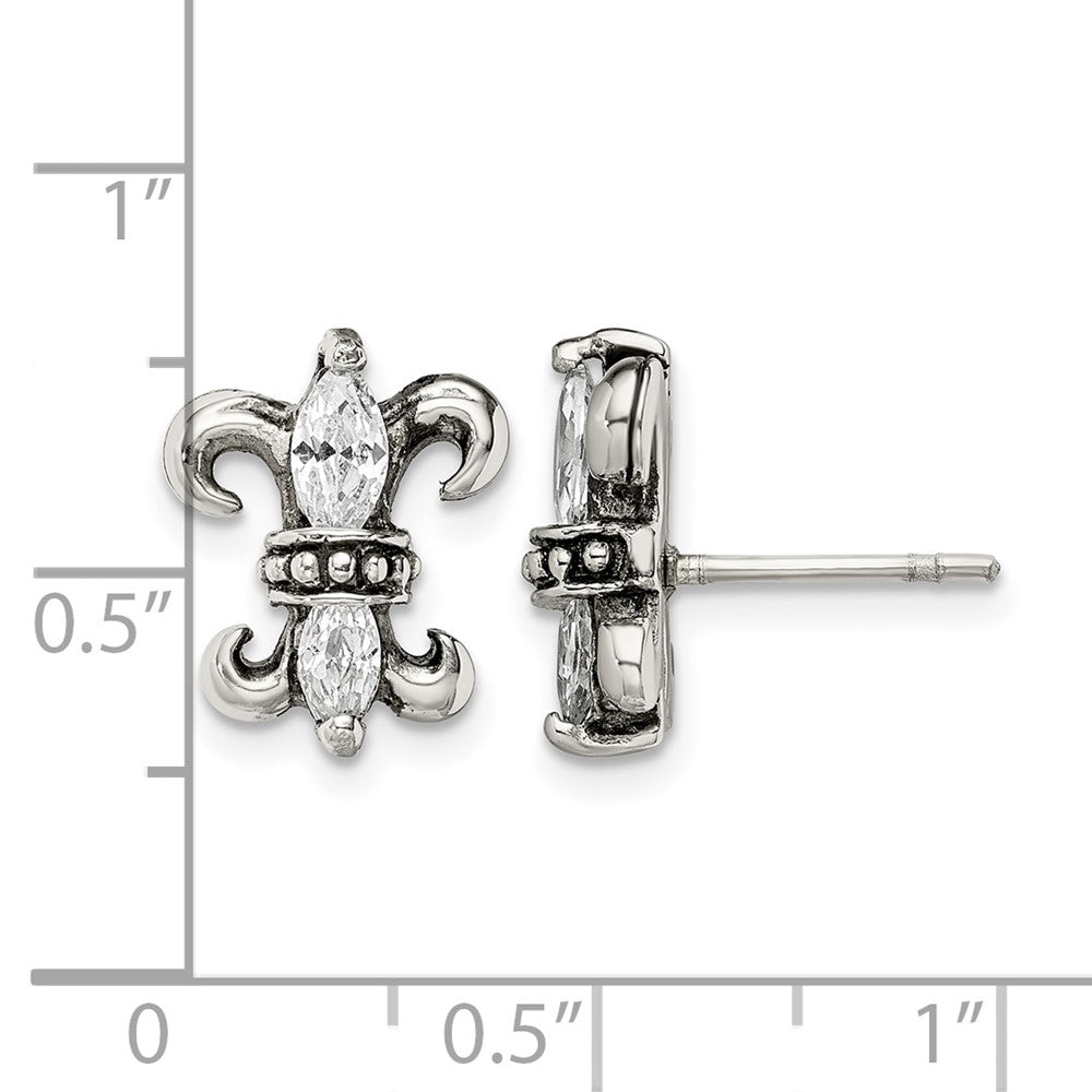 Stainless Steel Antiqued Polished & Textured w/CZ Fleur de lis Post Earring