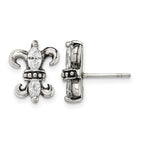 Stainless Steel Antiqued Polished & Textured w/CZ Fleur de lis Post Earring