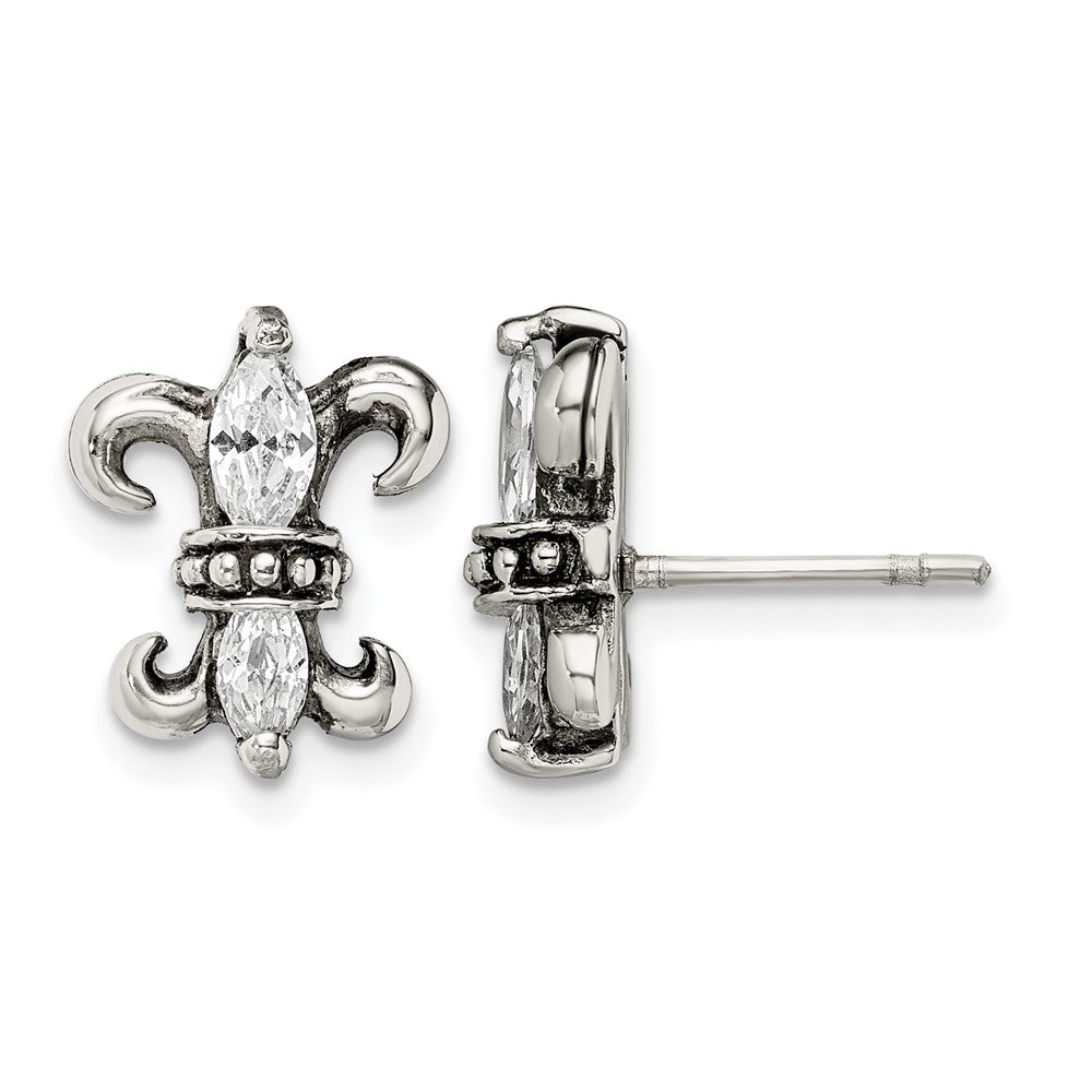 Stainless Steel Antiqued Polished & Textured w/CZ Fleur de lis Post Earring