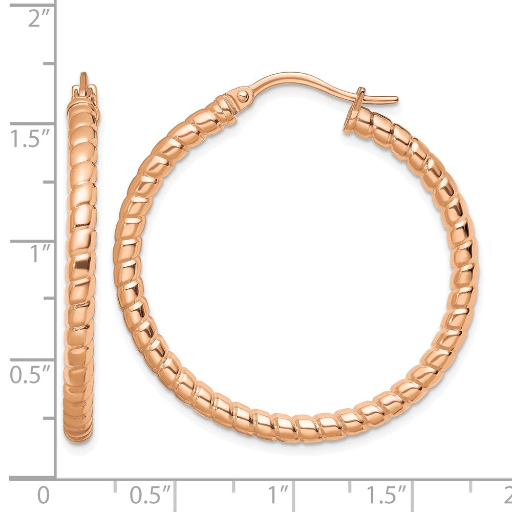 Chisel Stainless Steel Polished and Textured Rose IP-plated Hollow Hoop Earrings