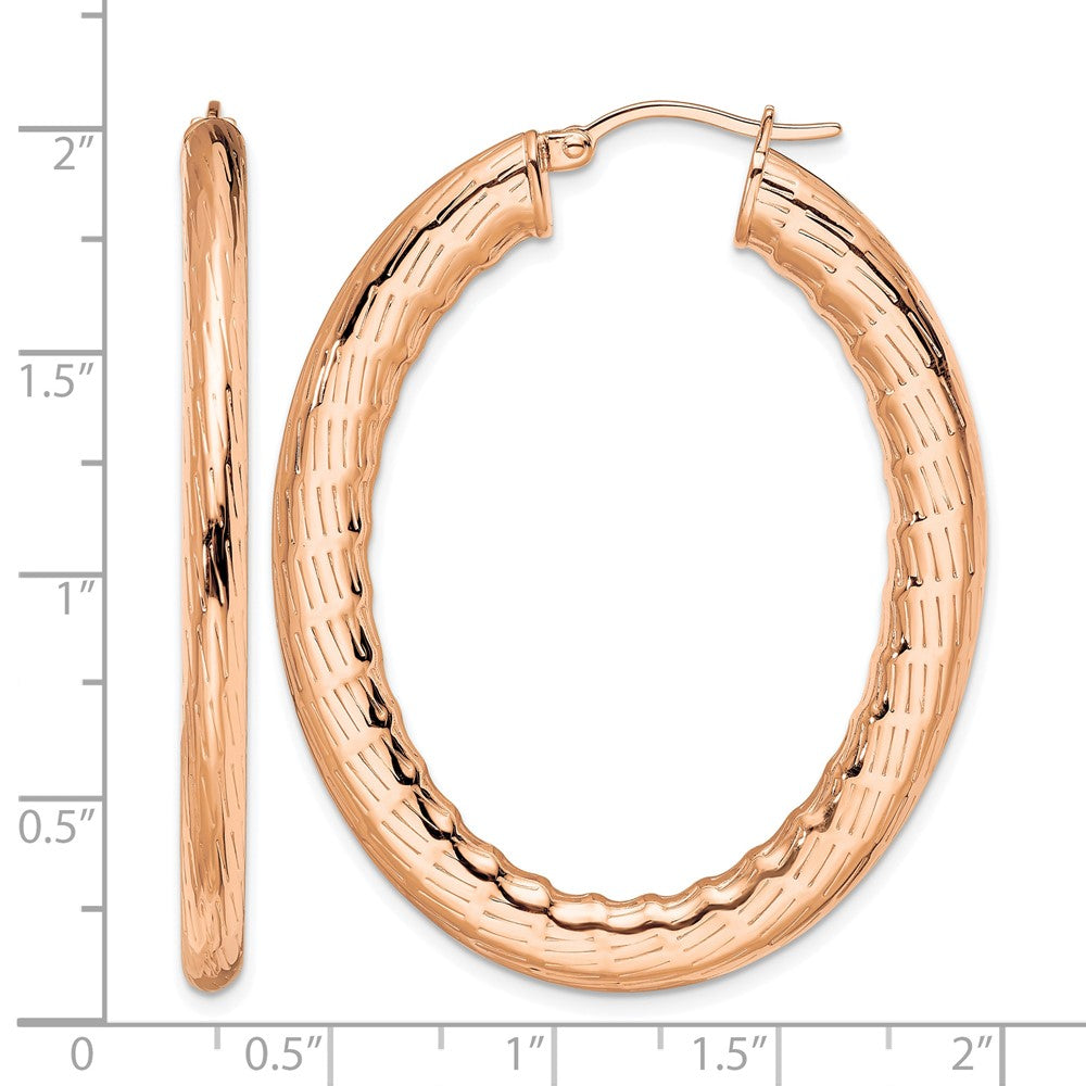 Chisel Stainless Steel Polished and Textured Rose IP-plated Hollow Oval Hoop Earrings