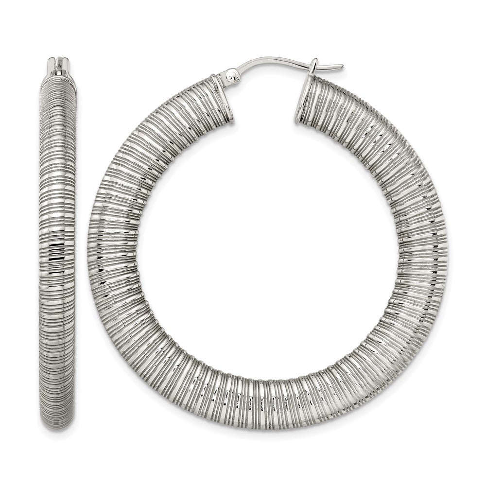Stainless Steel Polished and Textured Hollow Hoop Earrings