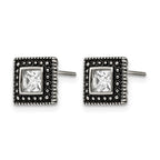Chisel Stainless Steel Antiqued and Polished CZ Square Post Earrings