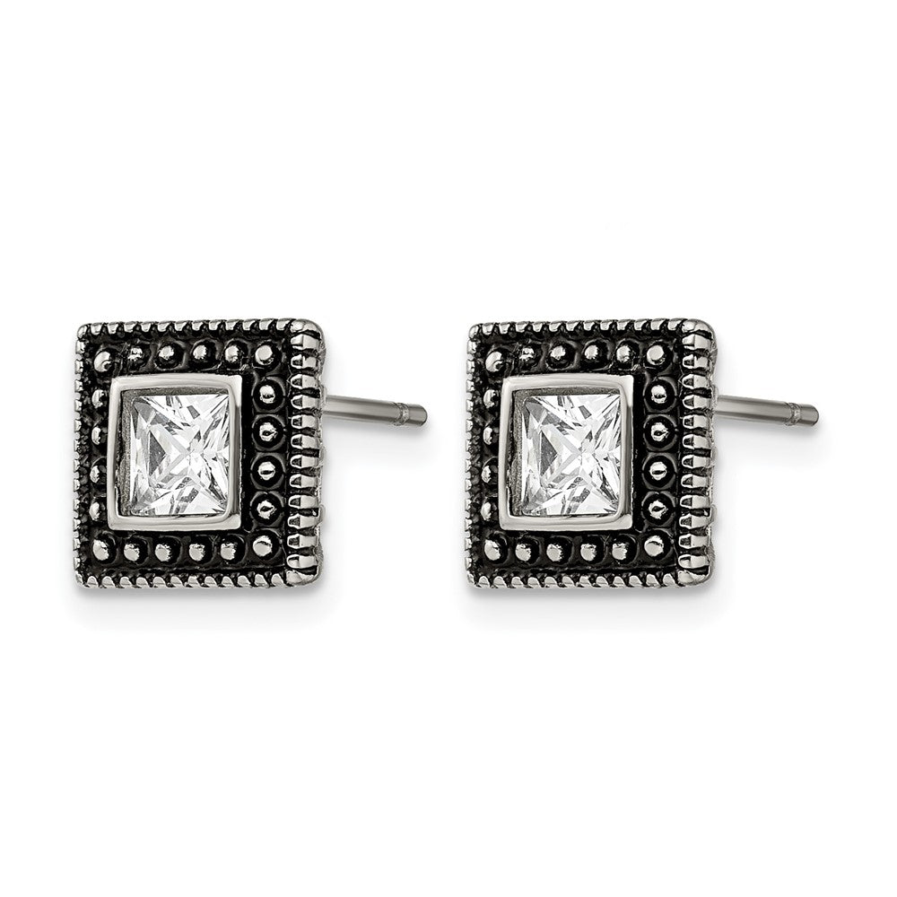 Chisel Stainless Steel Antiqued and Polished CZ Square Post Earrings