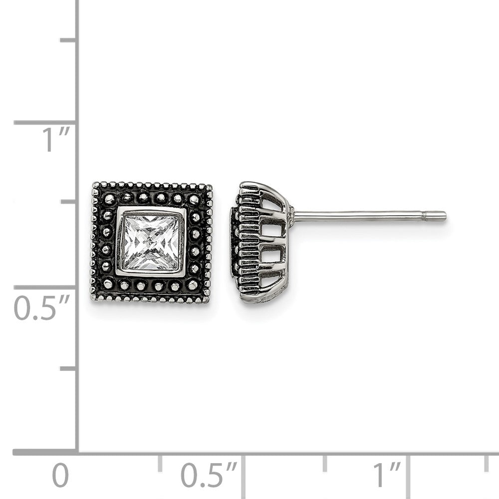 Chisel Stainless Steel Antiqued and Polished CZ Square Post Earrings
