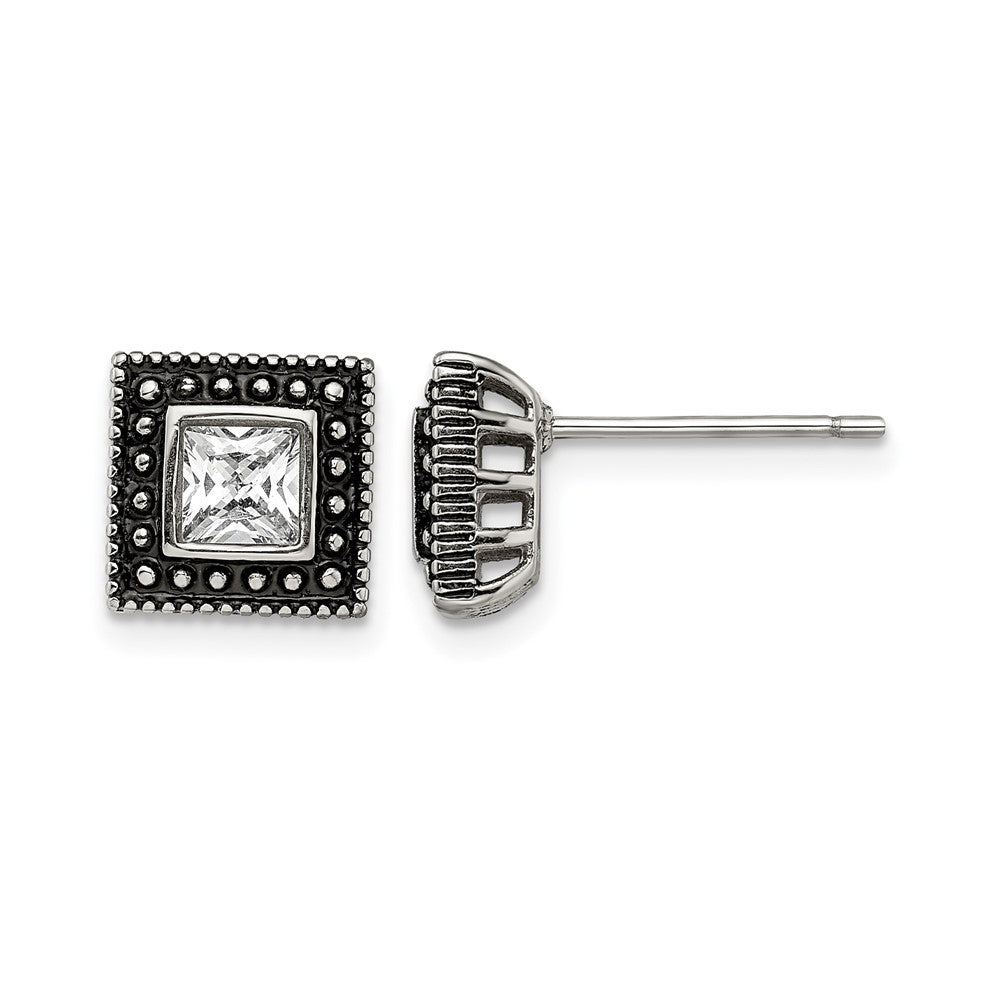 Chisel Stainless Steel Antiqued and Polished CZ Square Post Earrings