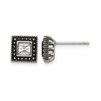 Chisel Stainless Steel Antiqued and Polished CZ Square Post Earrings