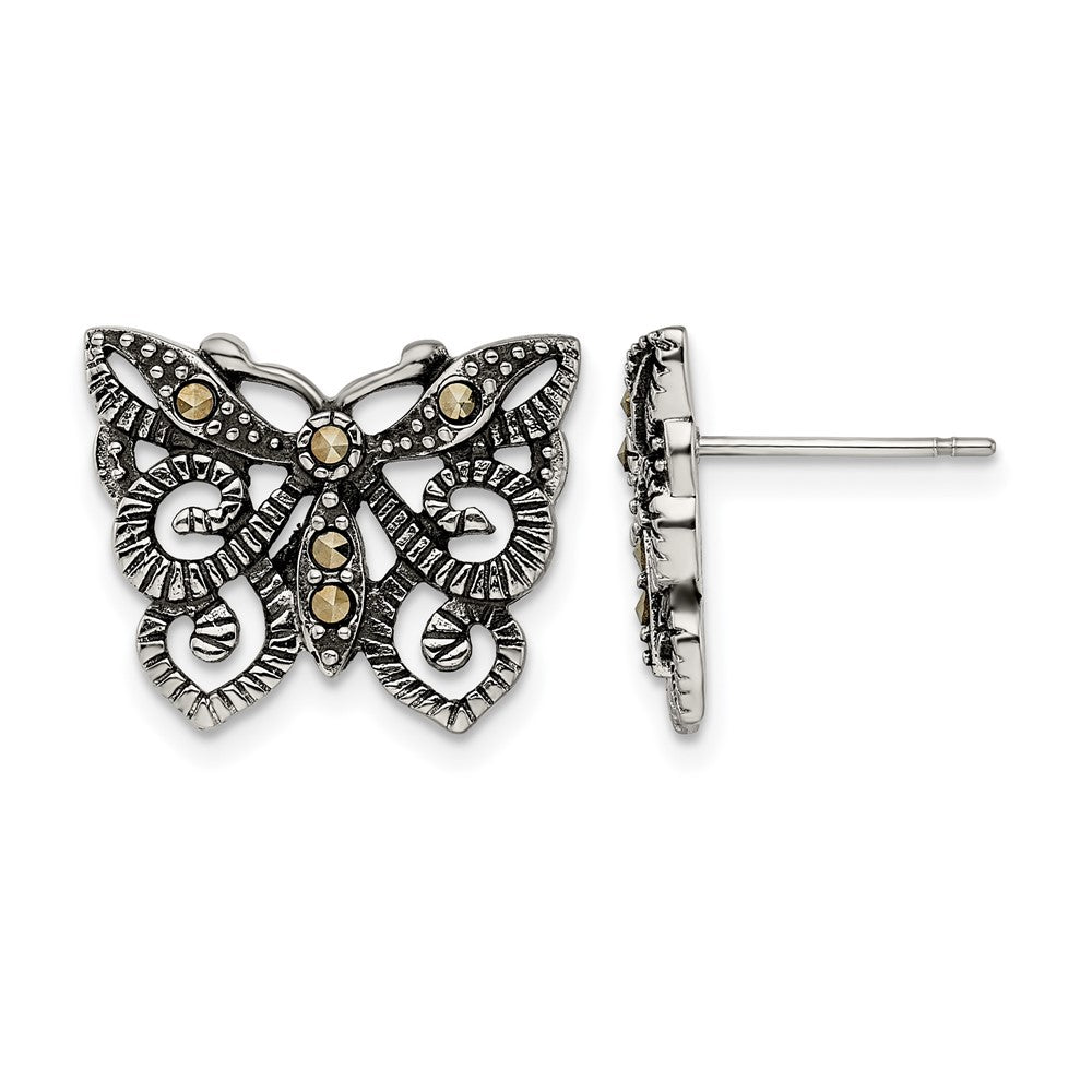 Stainless Steel Antiqued and Polished Marcasite Butterfly Post Earrings