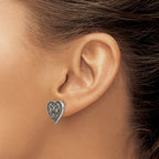 Stainless Steel Antiqued Polished & Textured Marcasite Heart Post Earrings