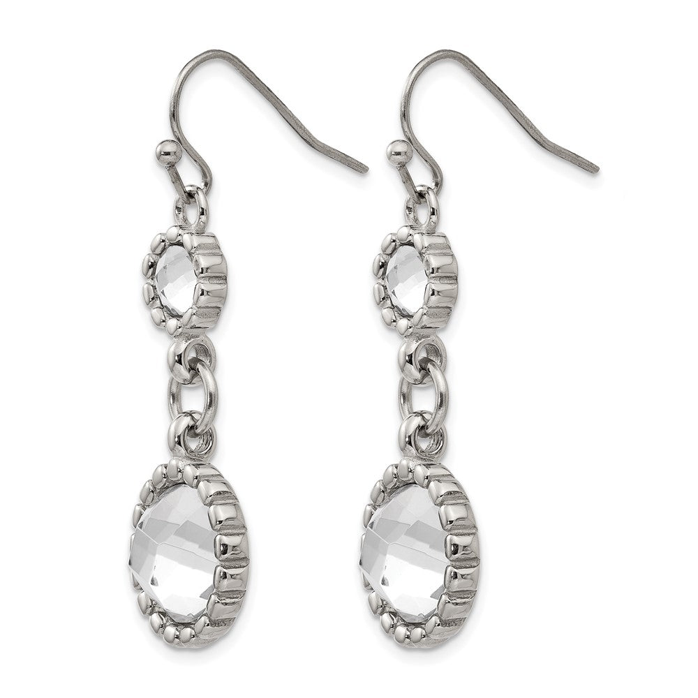 Stainless Steel Polished Grey Glass Dangle Shepherd Hook Earrings
