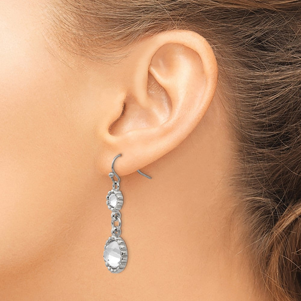 Stainless Steel Polished Grey Glass Dangle Shepherd Hook Earrings
