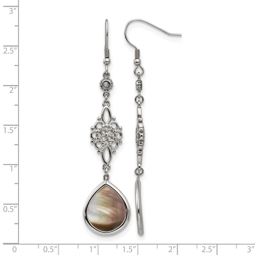 Chisel Stainless Steel Polished Black Mother of Pearl and CZ Dangle Shepherd Hook Earrings