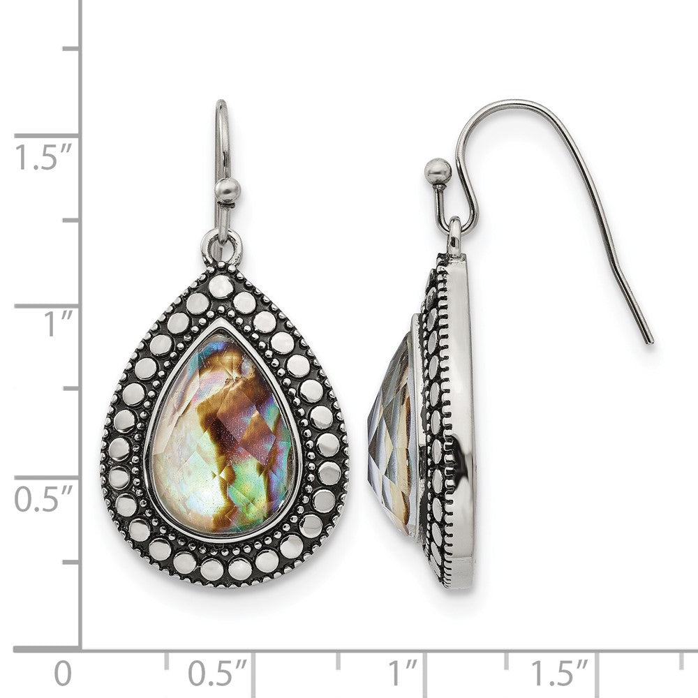 Stainless Steel Antiqued and Polished Imitation Abalone Dangle Earrings