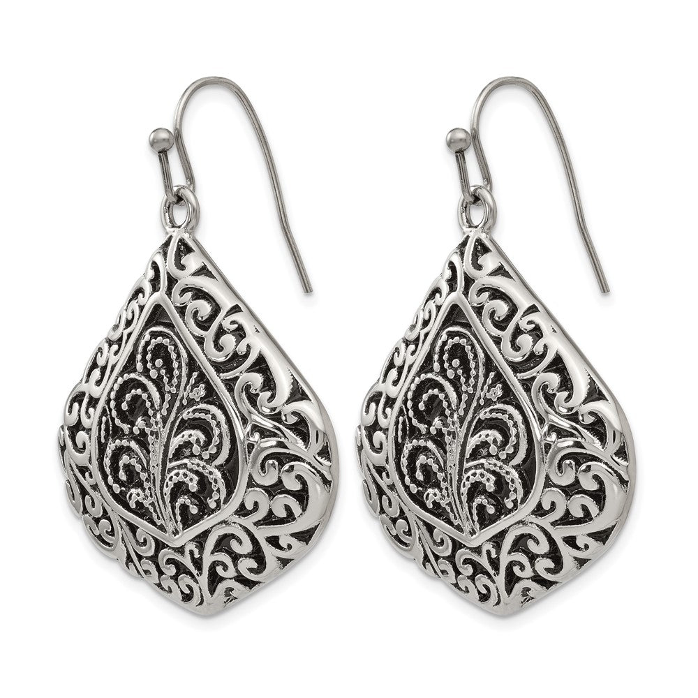Chisel Stainless Steel Antiqued Polished and Textured Shepherd Hook Earrings