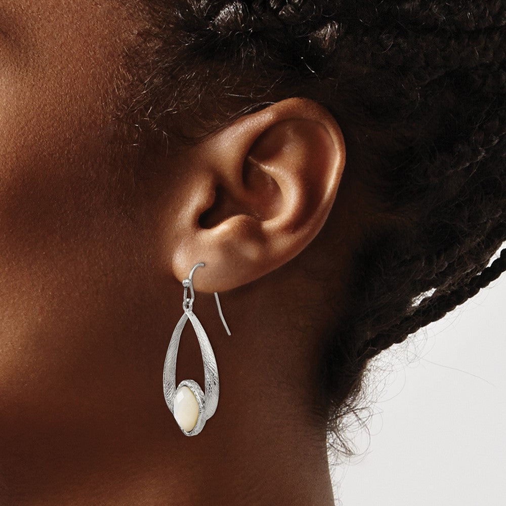 Chisel Stainless Steel Polished and Textured Mother of Pearl Dangle Shepherd Hook Earrings