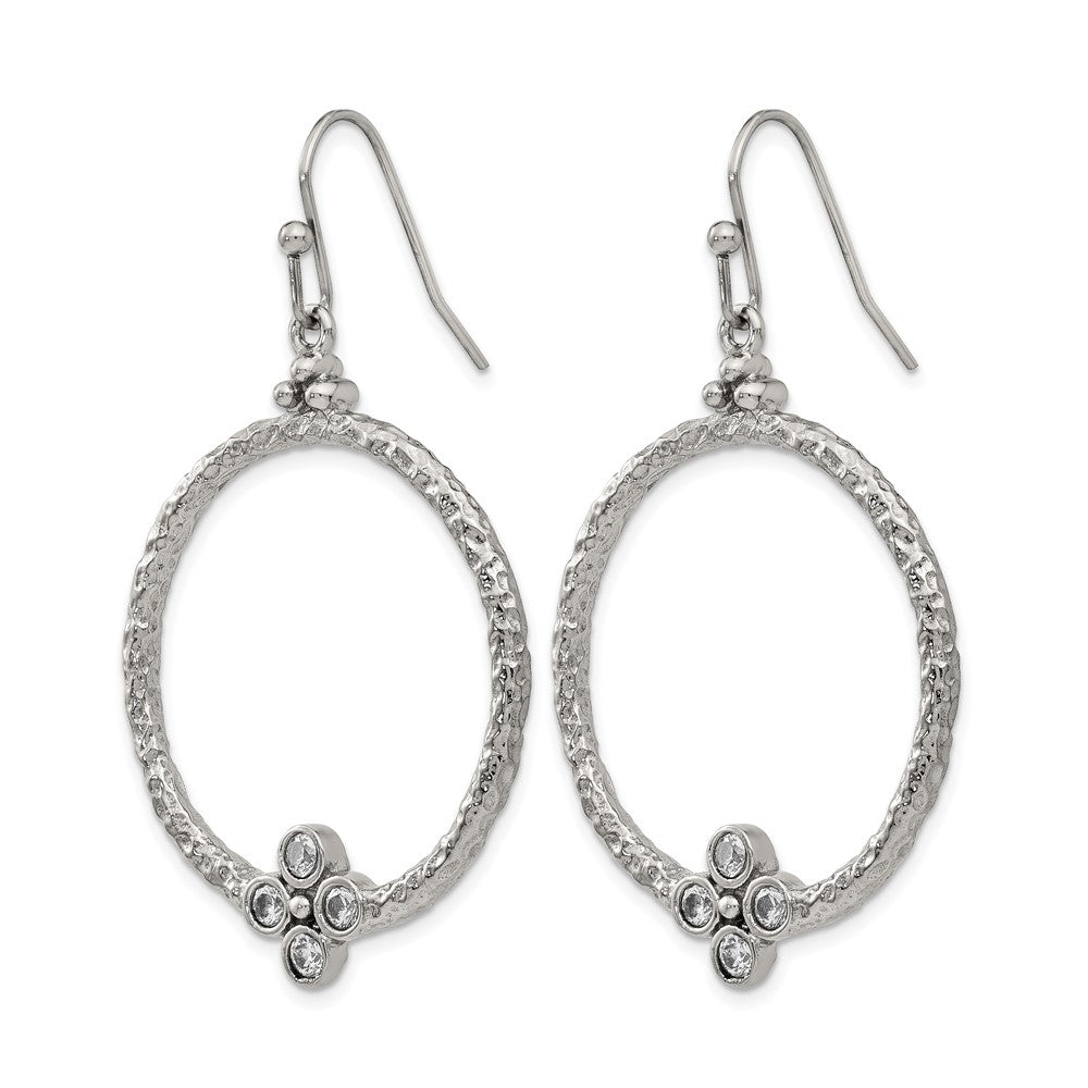 Stainless Steel Polished and Textured w/CZ Shepherd Hook Earrings