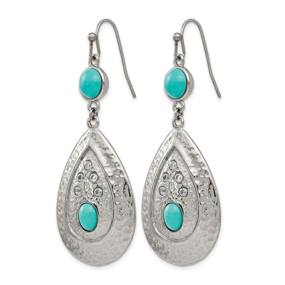 Chisel Stainless Steel Polished Hammered with Imitation Turquoise and CZ Dangle Shepherd Hook Earrings