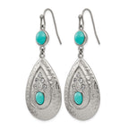 Chisel Stainless Steel Polished Hammered with Imitation Turquoise and CZ Dangle Shepherd Hook Earrings