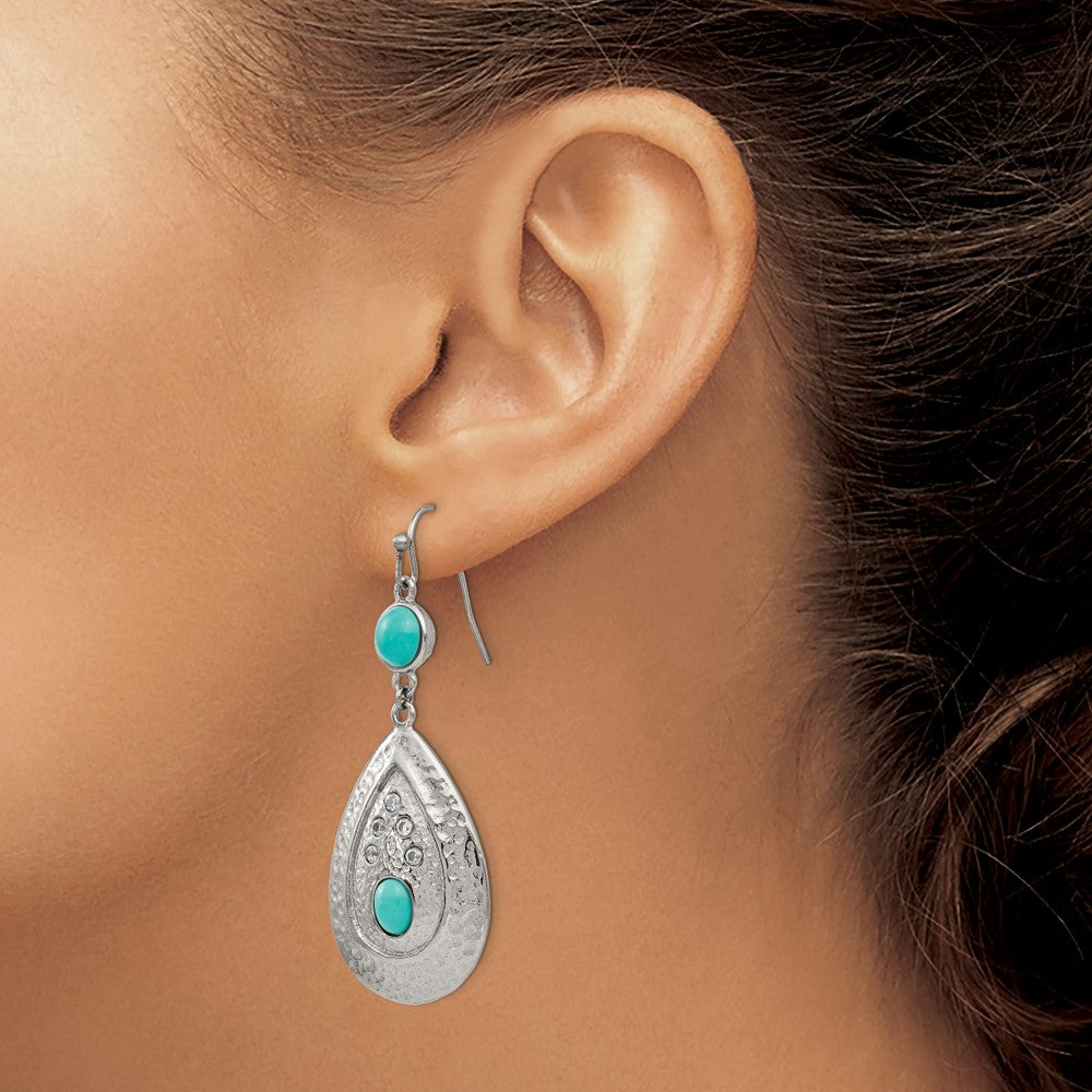 Chisel Stainless Steel Polished Hammered with Imitation Turquoise and CZ Dangle Shepherd Hook Earrings