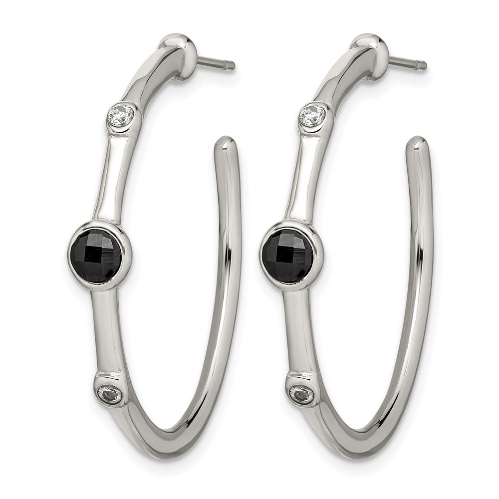 Chisel Stainless Steel Polished with Black Onyx and CZ Post Hoop Earrings