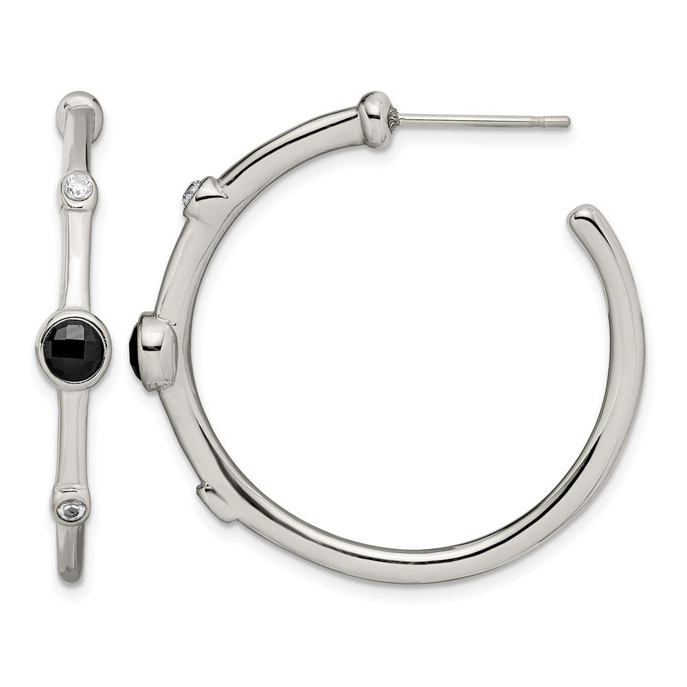 Chisel Stainless Steel Polished with Black Onyx and CZ Post Hoop Earrings
