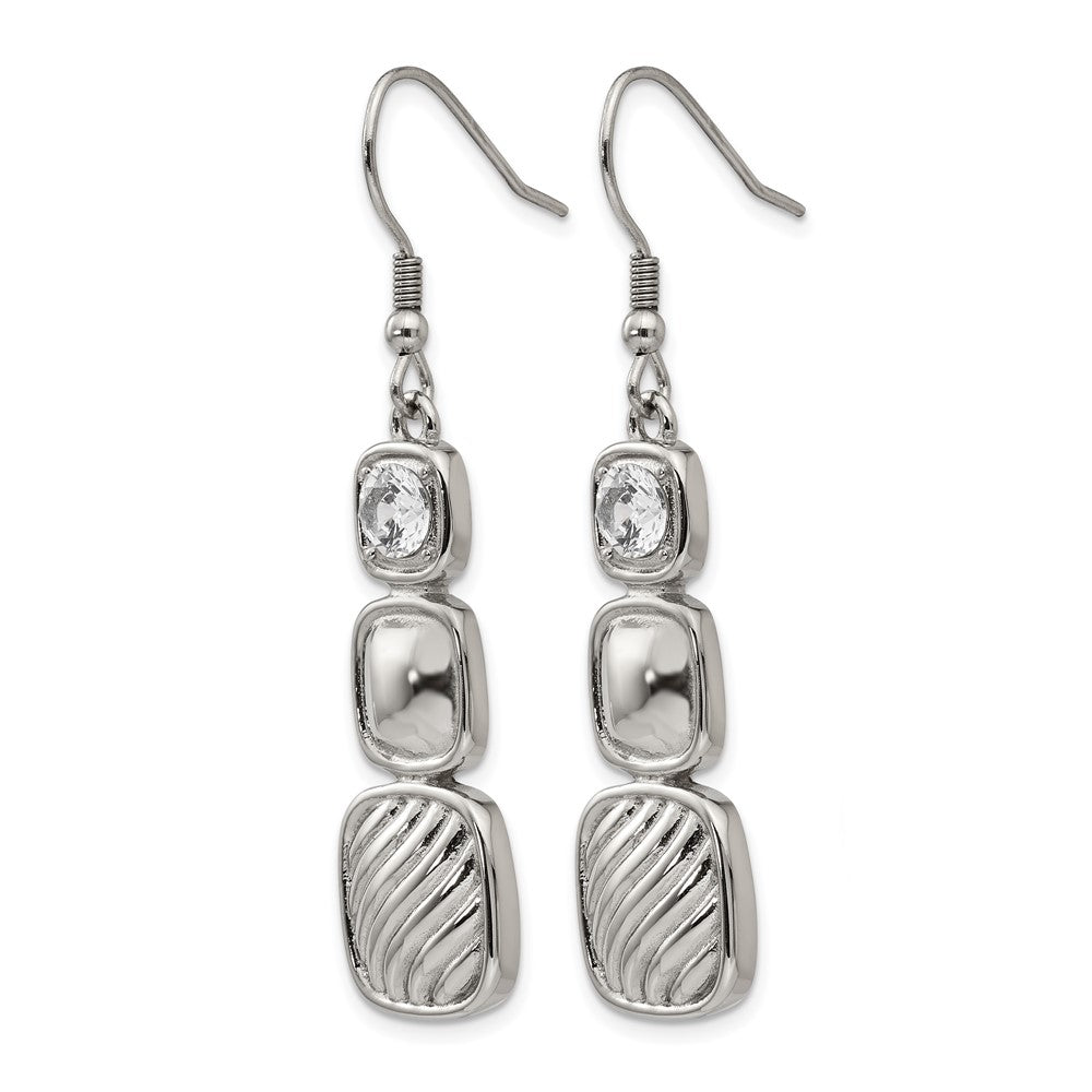 Stainless Steel Polished CZ Square Shepherd Hook Earrings