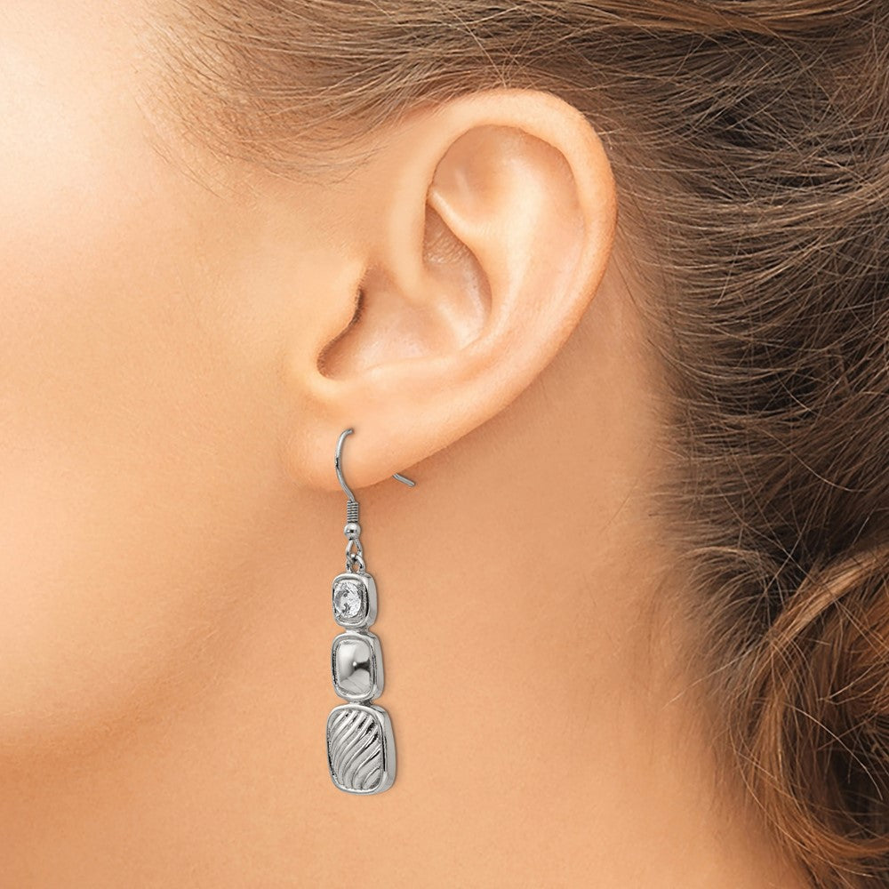 Stainless Steel Polished CZ Square Shepherd Hook Earrings