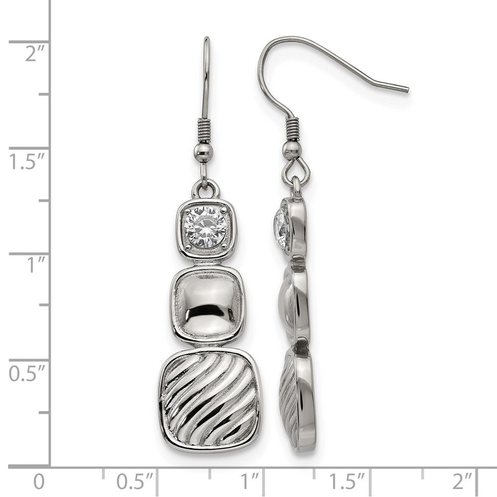 Stainless Steel Polished CZ Square Shepherd Hook Earrings