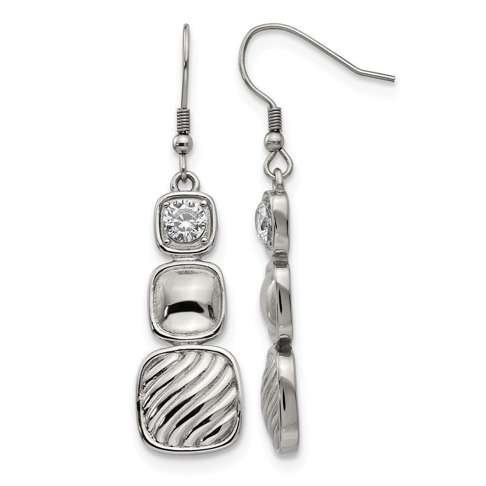 Stainless Steel Polished CZ Square Shepherd Hook Earrings