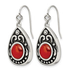 Stainless Steel Antiqued and Polished Red Agate & CZ Dangle Earrings