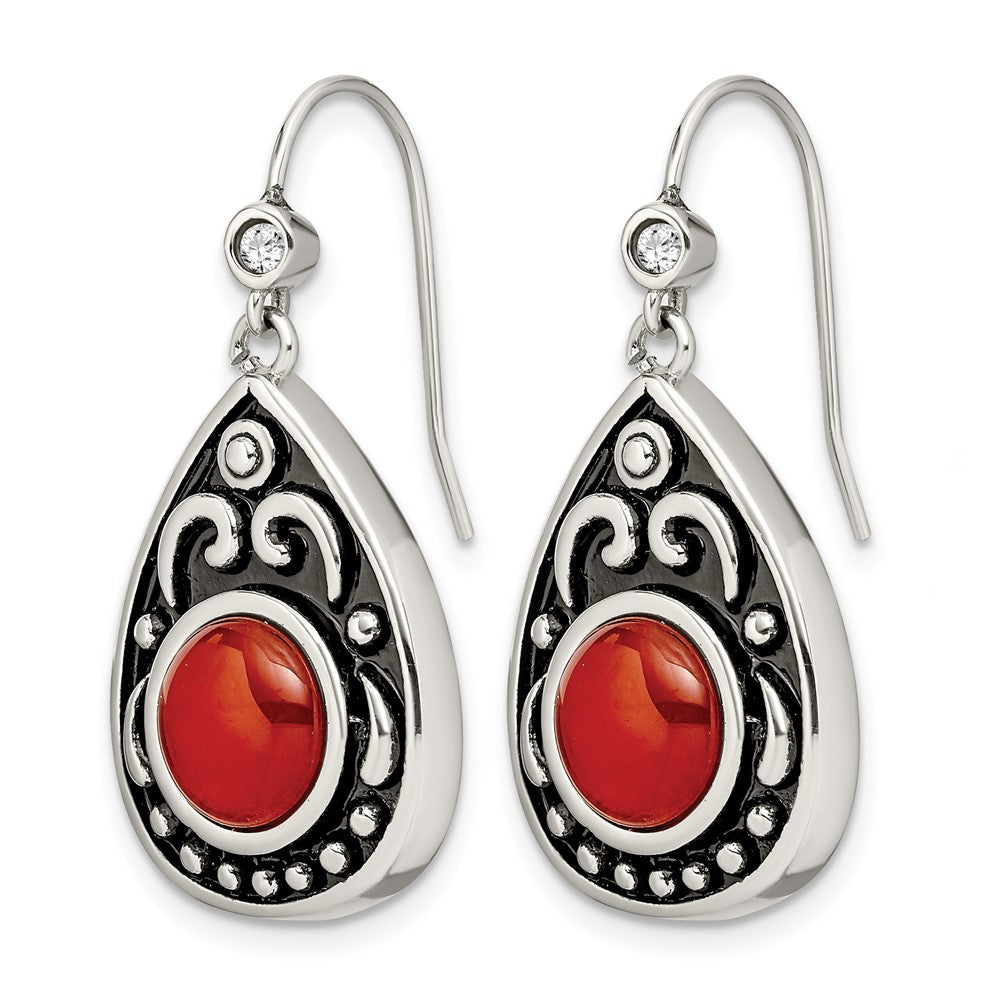 Stainless Steel Antiqued and Polished Red Agate & CZ Dangle Earrings