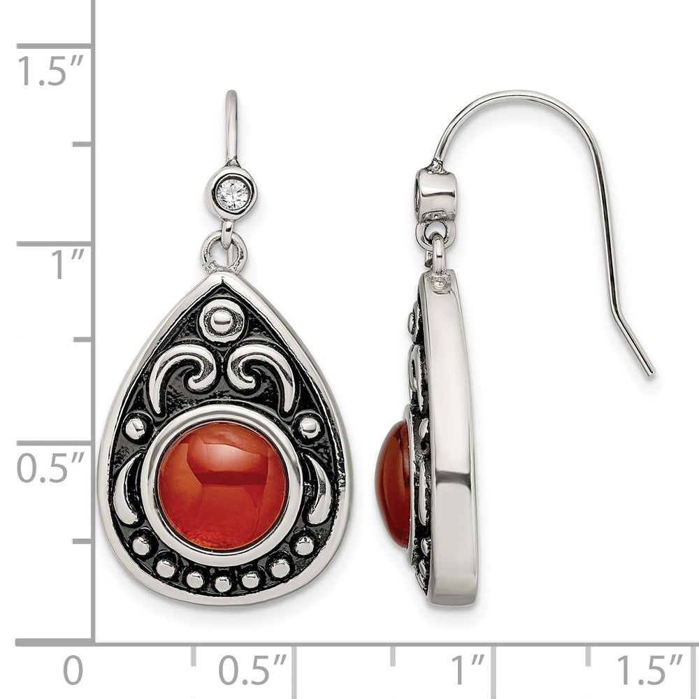 Stainless Steel Antiqued and Polished Red Agate & CZ Dangle Earrings