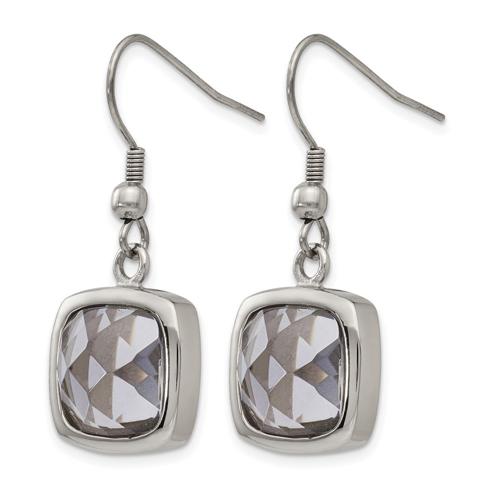 Chisel Stainless Steel Polished Square Grey Glass Dangle Shepherd Hook Earrings