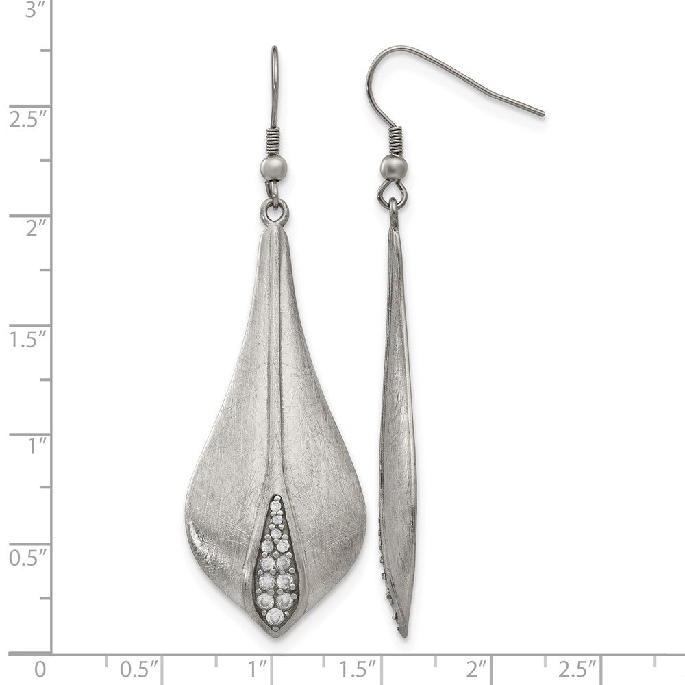 Stainless Steel Brushed and Polished CZ Dangle Shepherd Hook Earrings