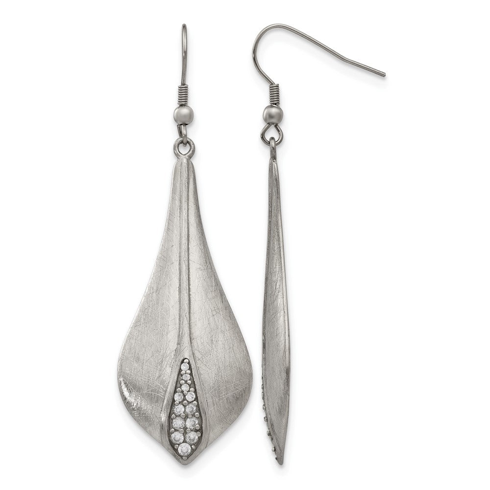 Stainless Steel Brushed and Polished CZ Dangle Shepherd Hook Earrings