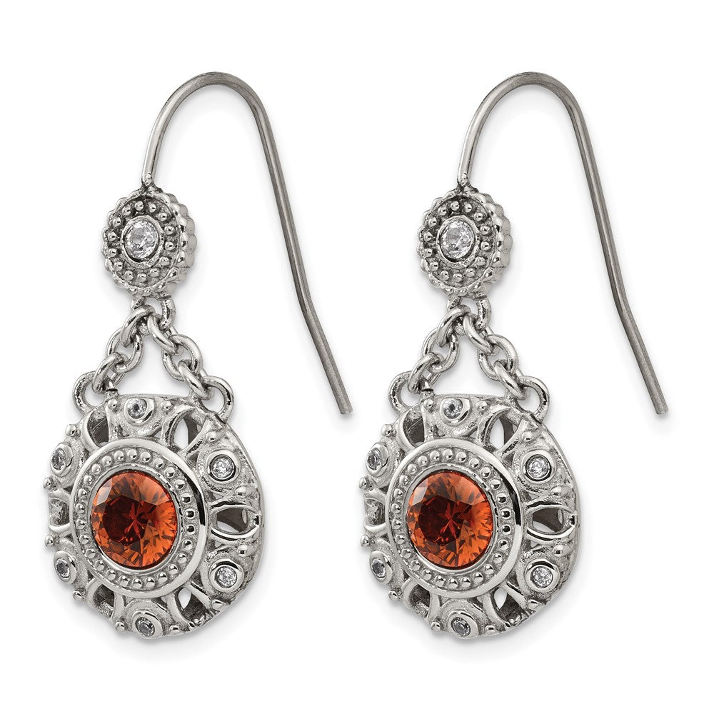 Chisel Stainless Steel Polished Red and Clear CZ Circle Dangle Shepherd Hook Earrings