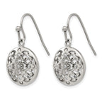 Stainless Steel Polished w/CZ Circle w/Flowers Shepherd Hook Earrings