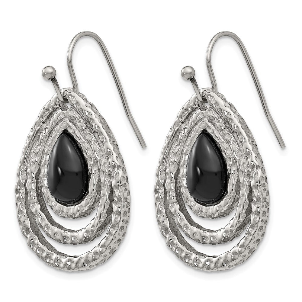 Chisel Stainless Steel Polished and Textured Black Onyx Shepherd Hook Earrings