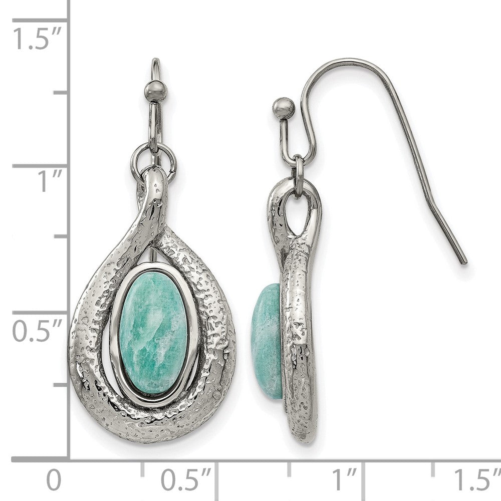 Stainless Steel Polished and Textured Dyed Synthetic Green Jade Earrings
