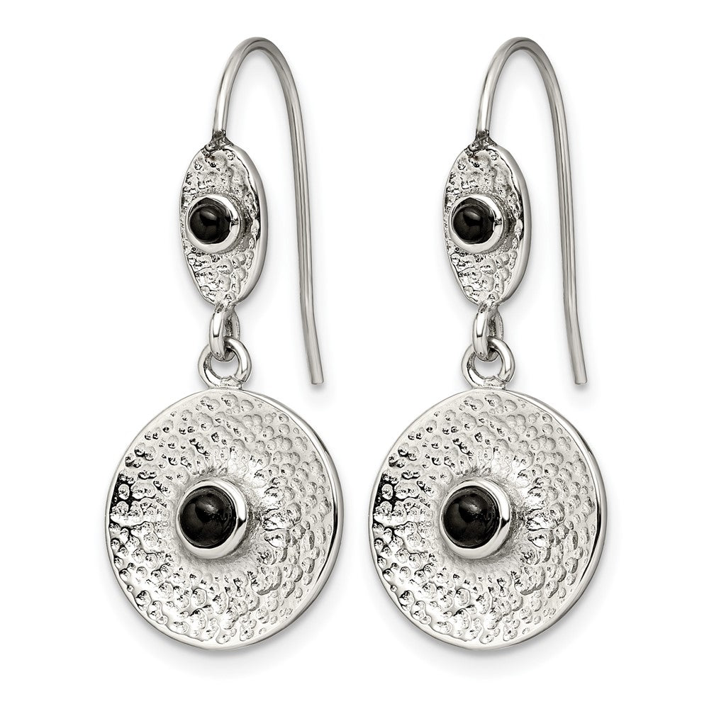 Stainless Steel Polished and Textured Black Onyx Circle Earrings