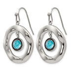 Stainless Steel Polished Wavy Circle w/Blue Glass Shepherd Hook Earrings